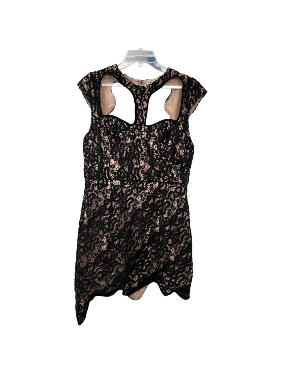 Blessed Are The Meek Mini Lace Sheath Dress Open Back Sleeveless Black/Nude 12